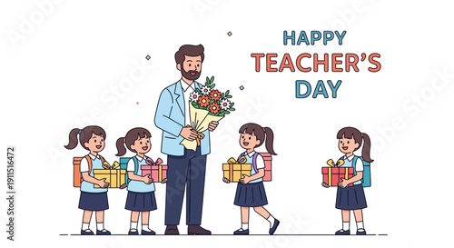Happy Teacher's Day: Students giving gifts and flowers to a male teacher. School gratitude and appreciation celebration flat cartoon illustration.