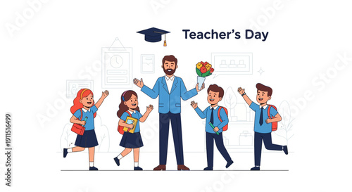Teacher's Day Celebration Vector Art: Happy Students Waving and Giving Flowers to a Male Teacher in School Uniforms.