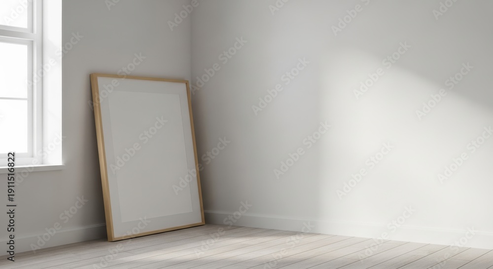 Fototapeta premium Blank Frame Mockup Leaning on Minimal Wall in Bright Empty Room 