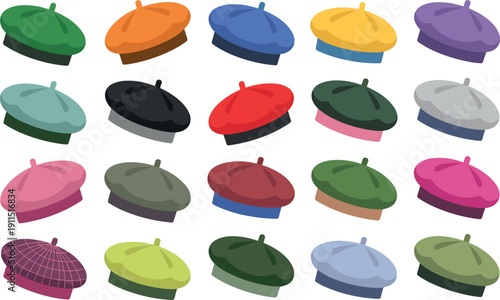 Large collection of colorful flat vector berets and french hats in various shades isolated on plain white background.