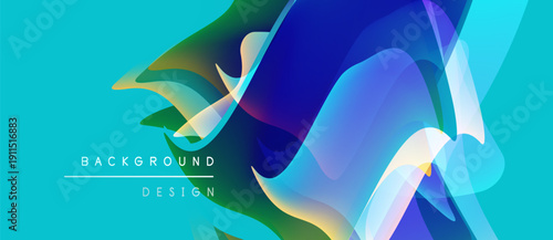 Abstract fluid shapes, vibrant blues, greens, yellows create dynamic background. Modern design, smooth gradients, translucent layers present visual interest.