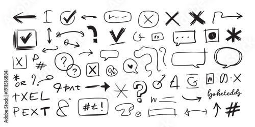 Diverse collection of hand drawn sketches and symbols for creative and artistic applications