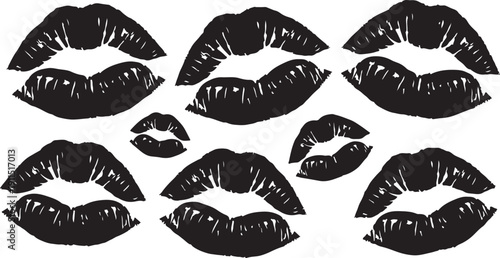 Collection of black lipstick kiss marks and lips icons