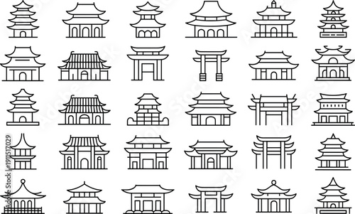 Large collection of black and white outline icons featuring traditional Asian temples, pagodas and oriental architecture on white.