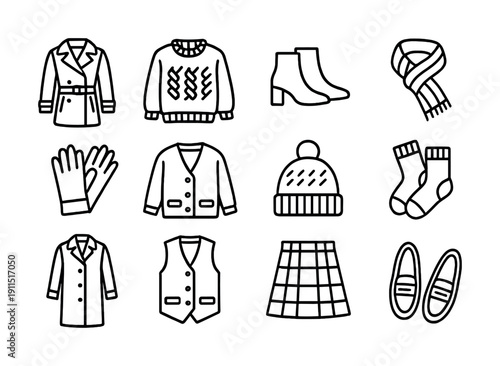 Winter clothing icons set: coats, sweaters, boots, scarf, gloves, cardigan, beanie, socks, skirt, shoes