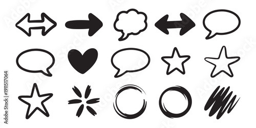 Hand drawn grunge shapes set with speech bubbles stars hearts and circles for playful creative compositions