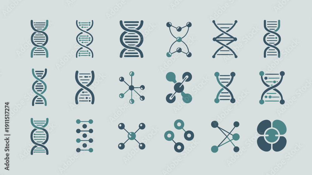 Fototapeta premium An arrangement of teal and gray dna helix and molecular structure icons on a light pastel background high quality professional detailed modern elegant stylish clean crisp