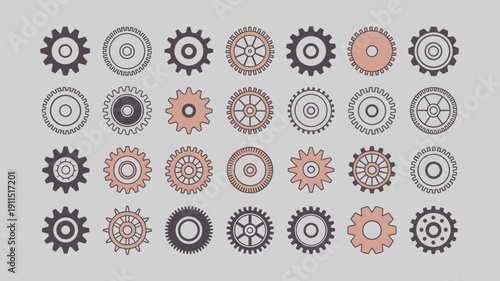 An array of various gear designs is displayed showcasing diverse tooth patterns and color schemes against a pale gray background high quality professional detailed modern elegant