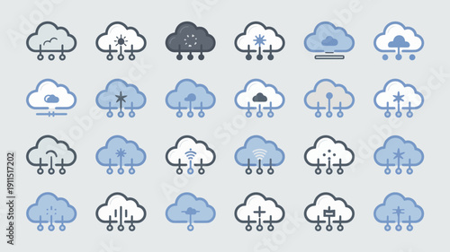 An assortment of blue weather icons depicting various cloud formations and precipitation types including rain snow and sunshine high quality professional detailed modern elegant stylish clean