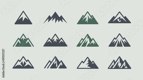A collection of stylized mountain icons are displayed in varying shades of green and black arranged in a grid like pattern on a light background