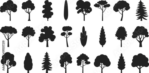 Tree silhouette set with deciduous and conifer shapes, black forest icons collection, isolated botanical elements on white background for landscape and nature design use.