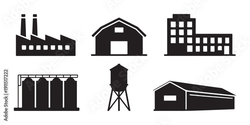 Industrial building icons set including factory warehouse silo and water tower for manufacturing and logistics