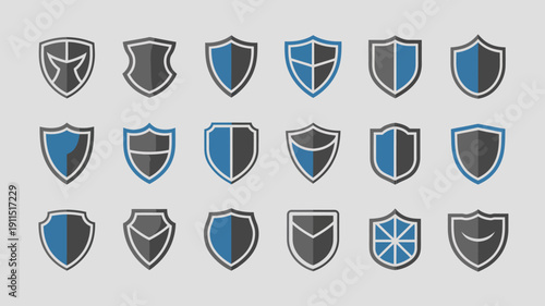 A collection of shield icons is displayed featuring variations in color shape and internal design against a gray background high quality professional detailed modern elegant stylish