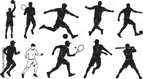 Silhouettes of athletes playing various sports in action poses