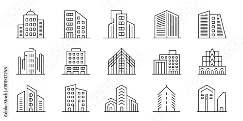 Modern city building line icons featuring skyscrapers corporate offices and urban architecture designs in black