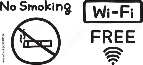 手書きの禁煙マークと無料Wi-Fiのマーク