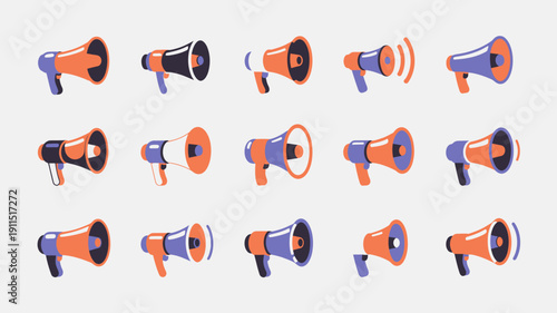 An array of colorful stylized megaphone illustrations are displayed on a light grey background varying in shades of orange purple and blue high quality professional detailed