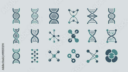 An arrangement of teal and gray dna helix and molecular structure icons on a light pastel background high quality professional detailed modern elegant stylish clean crisp