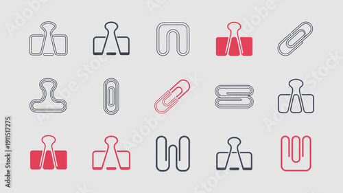 A collection of various paperclips displayed in grayscale and red showcasing different designs and orientations on a white background high quality professional detailed modern elegant stylish