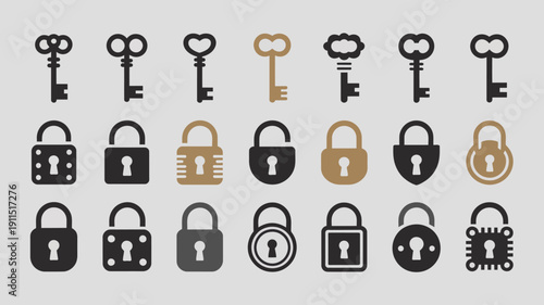 A collection of vintage keys and padlocks are displayed in a grid pattern rendered in a flat monochromatic style high quality professional detailed modern elegant stylish