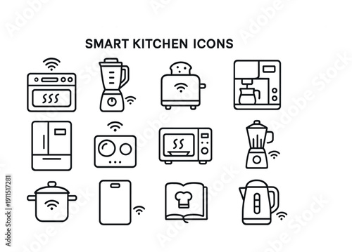 Smart kitchen appliance icons: oven, blender, toaster, coffee machine, fridge, microwave, kettle