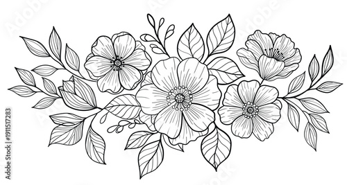 Botanical monochrome floral composition for coloring pages and tattoo design.