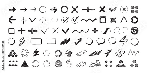 Hand drawn doodles and symbols set collection of scribbled shapes and icons for design