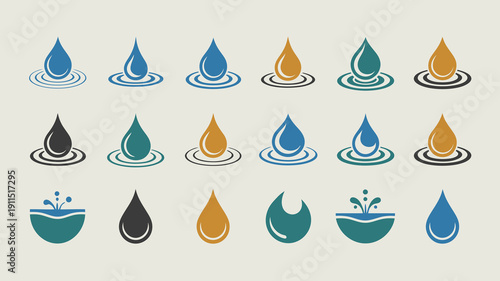 A collection of stylized water droplet icons in varying shades of blue teal gold and black depicting both individual drops and ripple effects high quality professional