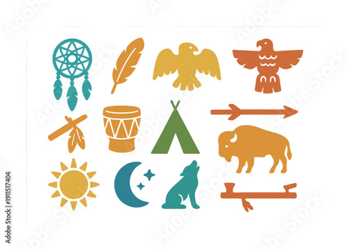 Native american symbols collection with dreamcatcher, drum, and teepee
