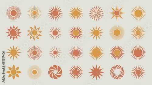 A collection of stylized sun illustrations in shades of orange and yellow are arranged in a grid pattern on a light background high quality professional detailed