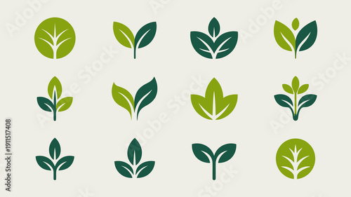 A collection of various green leaf illustrations and icons are displayed against a neutral light colored background showcasing botanical designs high quality professional detailed modern elegant