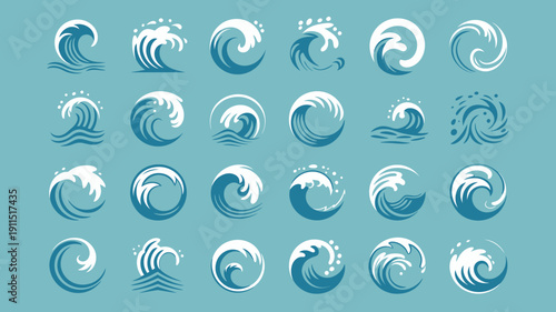 A collection of stylized ocean waves in varying forms and shades of blue arranged in a grid pattern on a teal background high quality professional detailed