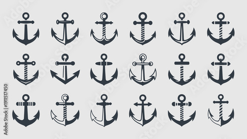 A collection of various nautical anchors are displayed in dark blue and orange hues arranged in a grid pattern high quality professional detailed modern elegant stylish