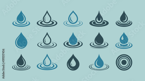 A collection of stylized blue water droplets and ripple effects is displayed against a light blue background showcasing varying shapes and sizes high quality professional detailed