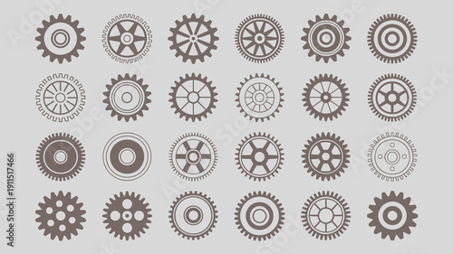An arrangement of various cogwheels and gears is displayed showcasing different sizes colors and levels of detail in a grid pattern high quality professional detailed modern
