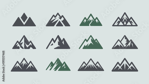 A collection of nine mountain icons is displayed varying in color and style including solid black striped and green designs high quality professional detailed modern elegant