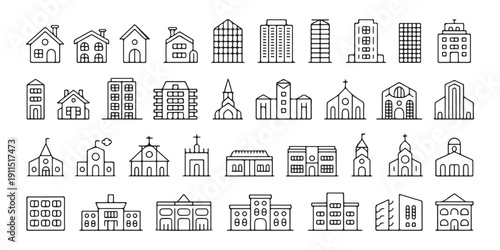 Public building and house line icons including school church library and residential dwellings for city maps