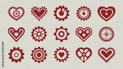 A collection of dark red steampunk inspired icons featuring hearts gears and mechanical elements arranged on a light gray background high quality professional detailed modern elegant