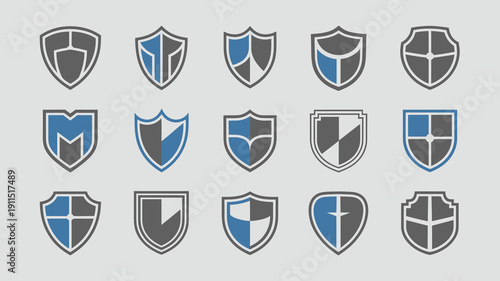 A collection of shield icons are displayed in varying shades of gray and blue arranged in a grid like pattern on a light background high quality