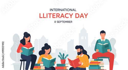 International Literacy Day Vector Illustration - People Reading Books, Celebrating Education and Global Knowledge on 8 September.
