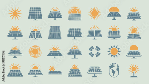 A collection of icons depicting solar panels and suns in varying styles and shades of orange and blue high quality professional detailed modern elegant stylish clean