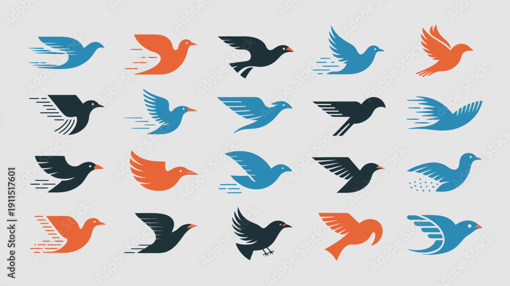 Fototapeta premium A collection of stylized birds in flight is displayed utilizing a modern design with dynamic motion lines and a limited color palette high quality professional detailed