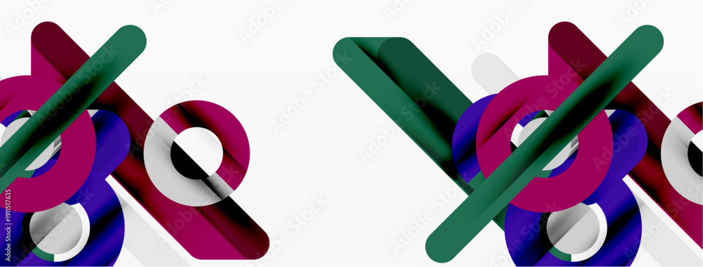 Fototapeta premium Abstract geometric shapes overlap, creating dynamic visual pattern. Colors include purple, green, white, magenta. Modern design elements present.