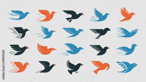 A collection of stylized birds in flight is displayed utilizing a modern design with dynamic motion lines and a limited color palette high quality professional detailed