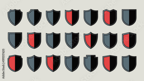 A collection of shield icons is displayed featuring a two tone color scheme of dark blue and vibrant red in various arrangements high quality professional detailed