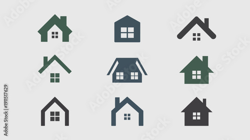 A collection of nine simple house icons in varying shades of green and gray are displayed against a light gray background high quality professional detailed modern