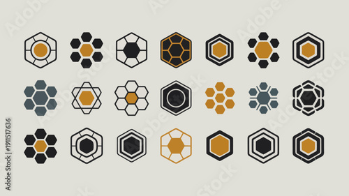 An array of geometric hexagon designs are displayed in varying shades of gold black and gray against a neutral background high quality professional detailed modern elegant