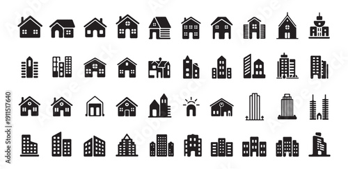 Residential and commercial building silhouette icons showing houses skyscrapers and urban structures in black