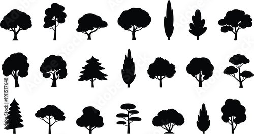Tree silhouette set with deciduous and conifer shapes, black forest icons collection, isolated botanical elements on white background for landscape design and nature projects.