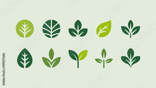 A collection of simple stylized leaf designs in varying shades of green are arranged in a horizontal row against a pale background high quality professional detailed
